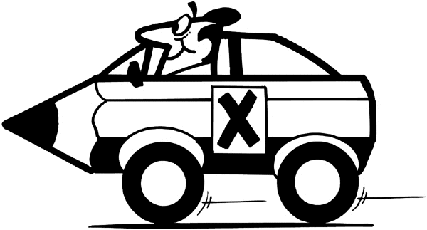 Man driving a pencil car with X on the door vinyl sticker. Customize on line. Politics 074-0064